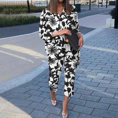 Cămașă cu mânecă lungă cu rever de primăvară și pantaloni cu picioare largi Costume casual cu imprimeu grafic Set două piese largi Femei cămăși neregulate ținute