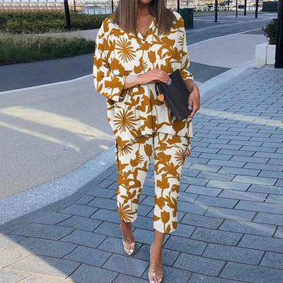Cămașă cu mânecă lungă cu rever de primăvară și pantaloni cu picioare largi Costume casual cu imprimeu grafic Set două piese largi Femei cămăși neregulate ținute
