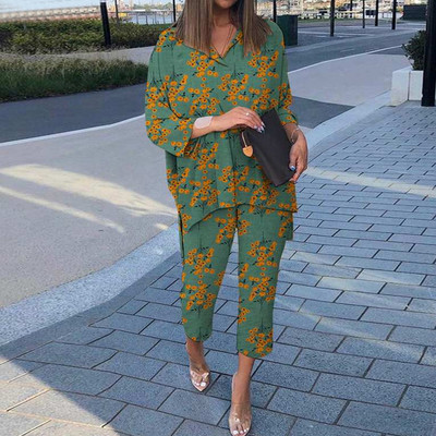 Cămașă cu mânecă lungă cu rever de primăvară și pantaloni cu picioare largi Costume casual cu imprimeu grafic Set două piese largi Femei cămăși neregulate ținute