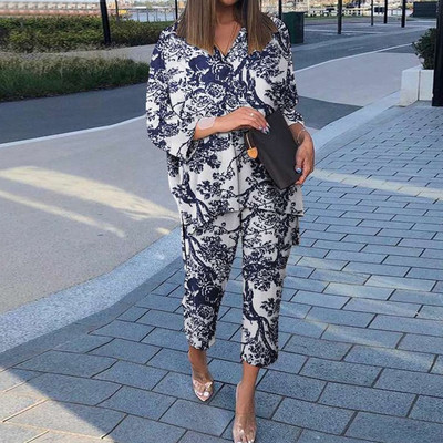 Cămașă cu mânecă lungă cu rever de primăvară și pantaloni cu picioare largi Costume casual cu imprimeu grafic Set două piese largi Femei cămăși neregulate ținute