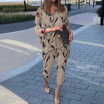 Cămașă cu mânecă lungă cu rever de primăvară și pantaloni cu picioare largi Costume casual cu imprimeu grafic Set două piese largi Femei cămăși neregulate ținute