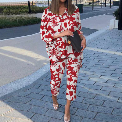 Cămașă cu mânecă lungă cu rever de primăvară și pantaloni cu picioare largi Costume casual cu imprimeu grafic Set două piese largi Femei cămăși neregulate ținute