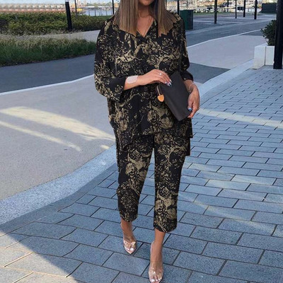 Cămașă cu mânecă lungă cu rever de primăvară și pantaloni cu picioare largi Costume casual cu imprimeu grafic Set două piese largi Femei cămăși neregulate ținute