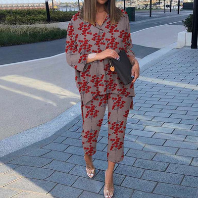 Cămașă cu mânecă lungă cu rever de primăvară și pantaloni cu picioare largi Costume casual cu imprimeu grafic Set două piese largi Femei cămăși neregulate ținute