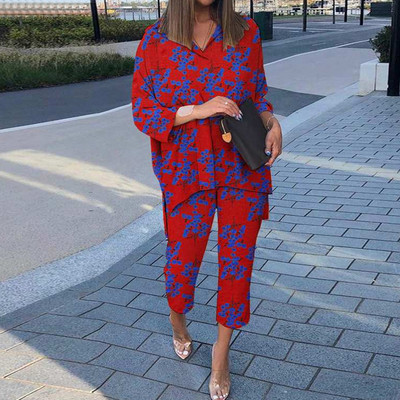 Cămașă cu mânecă lungă cu rever de primăvară și pantaloni cu picioare largi Costume casual cu imprimeu grafic Set două piese largi Femei cămăși neregulate ținute