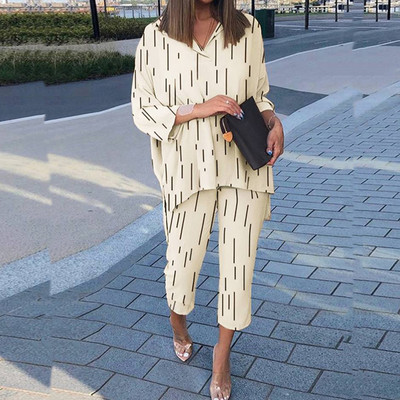 Cămașă cu mânecă lungă cu rever de primăvară și pantaloni cu picioare largi Costume casual cu imprimeu grafic Set două piese largi Femei cămăși neregulate ținute