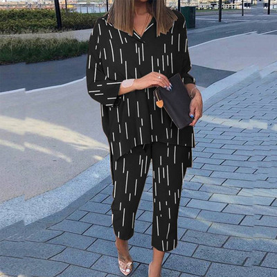 Cămașă cu mânecă lungă cu rever de primăvară și pantaloni cu picioare largi Costume casual cu imprimeu grafic Set două piese largi Femei cămăși neregulate ținute