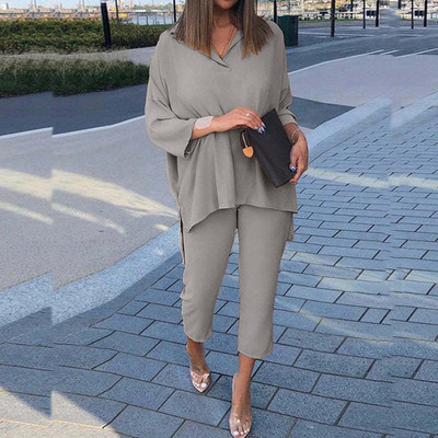 Cămașă cu mânecă lungă cu rever de primăvară și pantaloni cu picioare largi Costume casual cu imprimeu grafic Set două piese largi Femei cămăși neregulate ținute