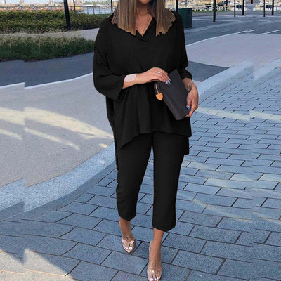 Cămașă cu mânecă lungă cu rever de primăvară și pantaloni cu picioare largi Costume casual cu imprimeu grafic Set două piese largi Femei cămăși neregulate ținute