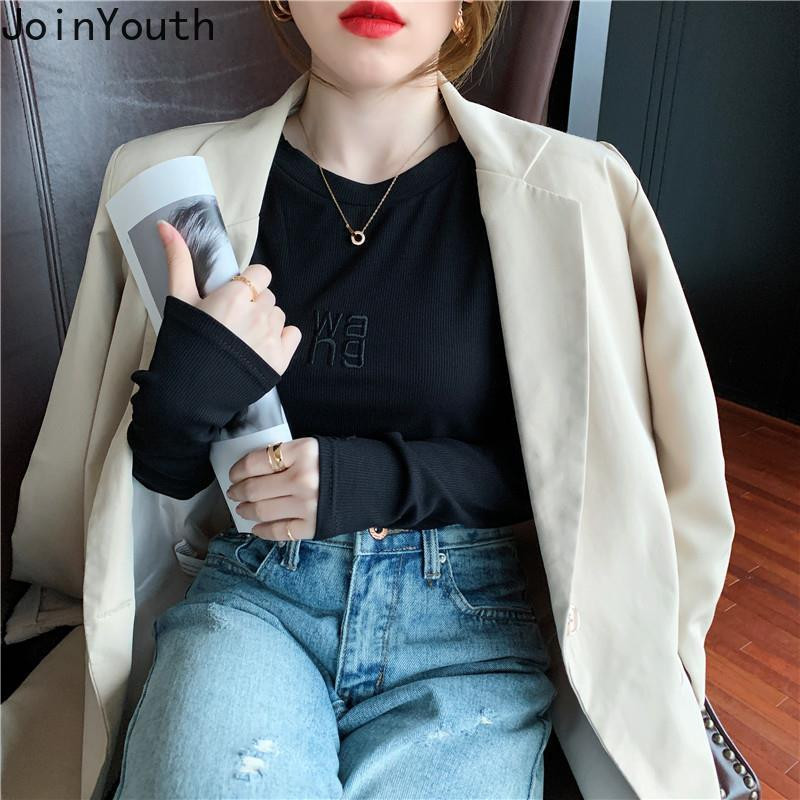 Dámske elegantné tričko s dlhým rukávom a výšivkou Joinyouth s grafickým motívom Y2K