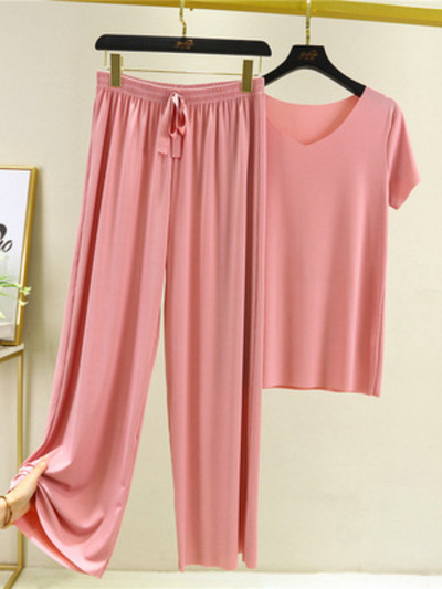 Jauni vasaras divu gabalu komplekti Sieviešu tērpi vienkrāsains ar īsām piedurknēm šķēlumu bikses mājas ikdienas brīvi sieviešu divu gabalu komplekti