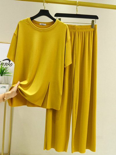 Jauni vasaras divu gabalu komplekti Sieviešu tērpi vienkrāsains ar īsām piedurknēm šķēlumu bikses mājas ikdienas brīvi sieviešu divu gabalu komplekti