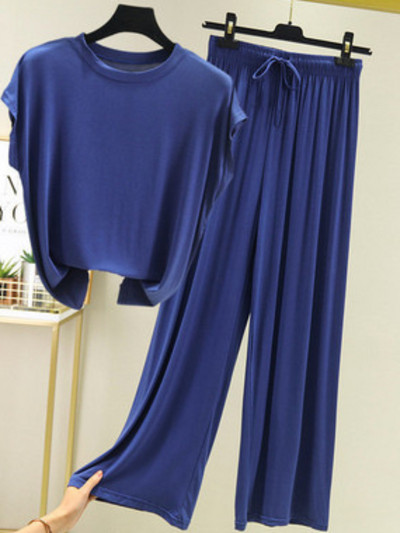 Jauni vasaras divu gabalu komplekti Sieviešu tērpi vienkrāsains ar īsām piedurknēm šķēlumu bikses mājas ikdienas brīvi sieviešu divu gabalu komplekti