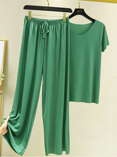 Jauni vasaras divu gabalu komplekti Sieviešu tērpi vienkrāsains ar īsām piedurknēm šķēlumu bikses mājas ikdienas brīvi sieviešu divu gabalu komplekti