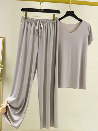 Jauni vasaras divu gabalu komplekti Sieviešu tērpi vienkrāsains ar īsām piedurknēm šķēlumu bikses mājas ikdienas brīvi sieviešu divu gabalu komplekti