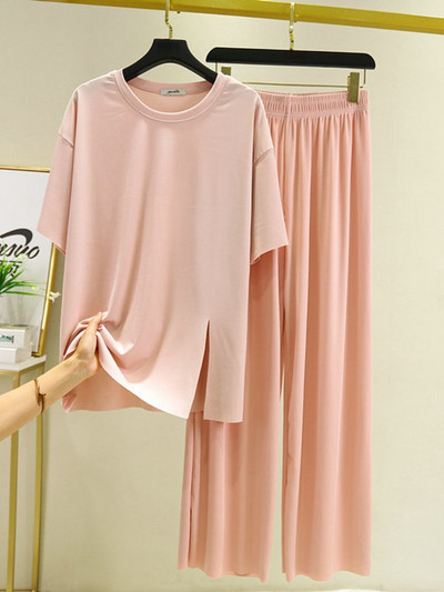 Jauni vasaras divu gabalu komplekti Sieviešu tērpi vienkrāsains ar īsām piedurknēm šķēlumu bikses mājas ikdienas brīvi sieviešu divu gabalu komplekti