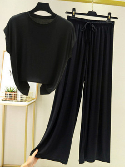 Jauni vasaras divu gabalu komplekti Sieviešu tērpi vienkrāsains ar īsām piedurknēm šķēlumu bikses mājas ikdienas brīvi sieviešu divu gabalu komplekti