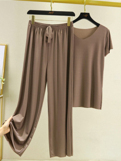 Jauni vasaras divu gabalu komplekti Sieviešu tērpi vienkrāsains ar īsām piedurknēm šķēlumu bikses mājas ikdienas brīvi sieviešu divu gabalu komplekti