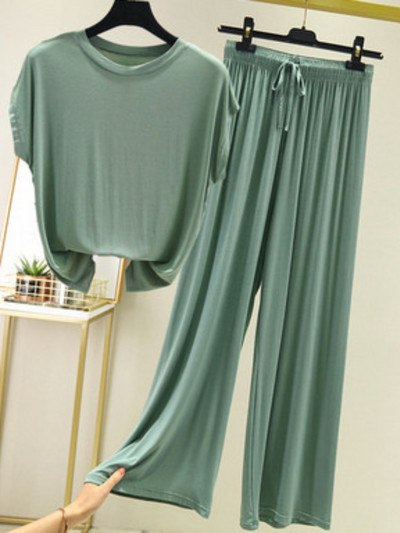 Jauni vasaras divu gabalu komplekti Sieviešu tērpi vienkrāsains ar īsām piedurknēm šķēlumu bikses mājas ikdienas brīvi sieviešu divu gabalu komplekti