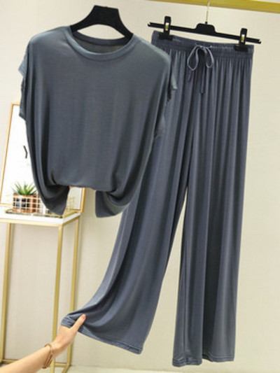 Jauni vasaras divu gabalu komplekti Sieviešu tērpi vienkrāsains ar īsām piedurknēm šķēlumu bikses mājas ikdienas brīvi sieviešu divu gabalu komplekti