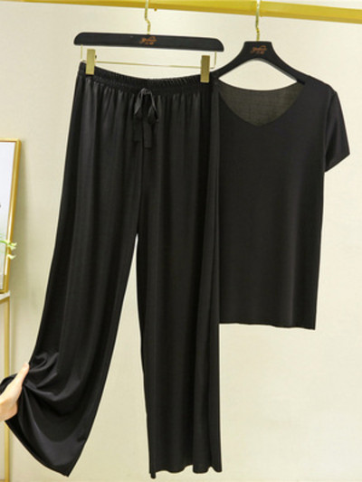 Jauni vasaras divu gabalu komplekti Sieviešu tērpi vienkrāsains ar īsām piedurknēm šķēlumu bikses mājas ikdienas brīvi sieviešu divu gabalu komplekti