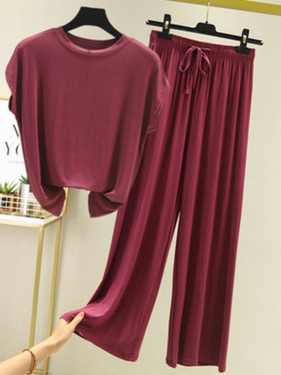 Jauni vasaras divu gabalu komplekti Sieviešu tērpi vienkrāsains ar īsām piedurknēm šķēlumu bikses mājas ikdienas brīvi sieviešu divu gabalu komplekti