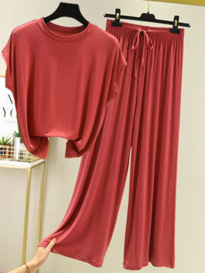 Jauni vasaras divu gabalu komplekti Sieviešu tērpi vienkrāsains ar īsām piedurknēm šķēlumu bikses mājas ikdienas brīvi sieviešu divu gabalu komplekti