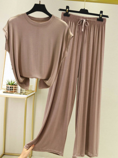 Jauni vasaras divu gabalu komplekti Sieviešu tērpi vienkrāsains ar īsām piedurknēm šķēlumu bikses mājas ikdienas brīvi sieviešu divu gabalu komplekti