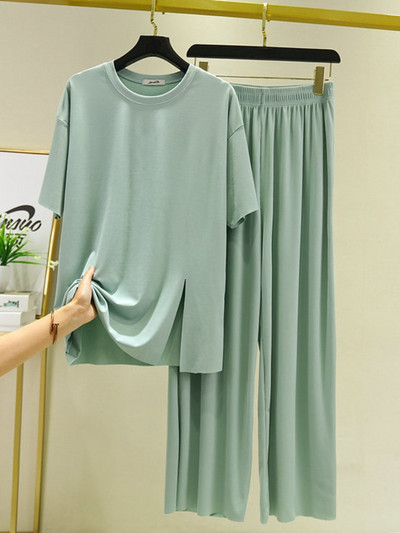 Jauni vasaras divu gabalu komplekti Sieviešu tērpi vienkrāsains ar īsām piedurknēm šķēlumu bikses mājas ikdienas brīvi sieviešu divu gabalu komplekti