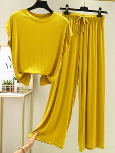 Jauni vasaras divu gabalu komplekti Sieviešu tērpi vienkrāsains ar īsām piedurknēm šķēlumu bikses mājas ikdienas brīvi sieviešu divu gabalu komplekti