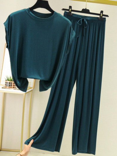 Jauni vasaras divu gabalu komplekti Sieviešu tērpi vienkrāsains ar īsām piedurknēm šķēlumu bikses mājas ikdienas brīvi sieviešu divu gabalu komplekti