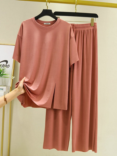 Jauni vasaras divu gabalu komplekti Sieviešu tērpi vienkrāsains ar īsām piedurknēm šķēlumu bikses mājas ikdienas brīvi sieviešu divu gabalu komplekti