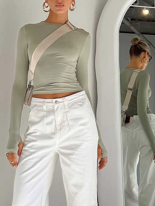 Tricou pentru femei la modă, cu mânecă lungă, cu gâtul turn, crop crop pentru femei, cu găuri pentru degete mari, pentru haine de vară de zi cu zi