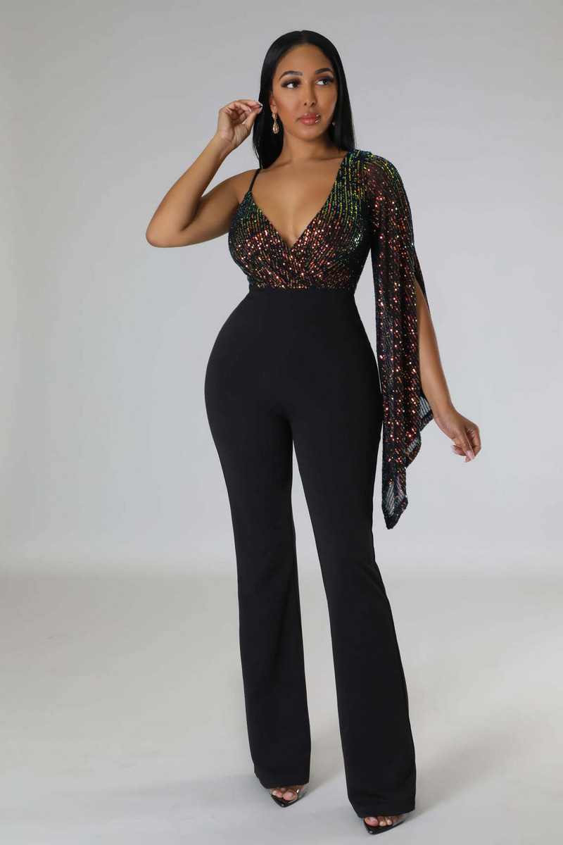 BKLD Nové jednodielne dlhé nohavice s flitrovaným výstrihom do V, nepravidelný plášť na jedno rameno, sexy nočný klubový overal, letné outfity pre ženy 2023