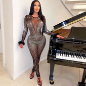 Salopetă BKLD pentru femei, primăvară 2023, noua ținută de club de noapte, perspectivă sexy, diamante, pene, cu mânecă lungă, bodycon, neagră