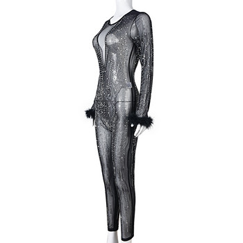 BKLD Ολόσωμη φόρμα Γυναικεία 2023 Άνοιξη Νέο Νυχτερινό Κλαμπ Στολή Σέξι Προοπτική Διαμάντια Διχτυωτό Φτερά Μακρυμάνικο Bodycon Μαύρη φόρμα