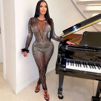 Salopetă BKLD pentru femei, primăvară 2023, noua ținută de club de noapte, perspectivă sexy, diamante, pene, cu mânecă lungă, bodycon, neagră