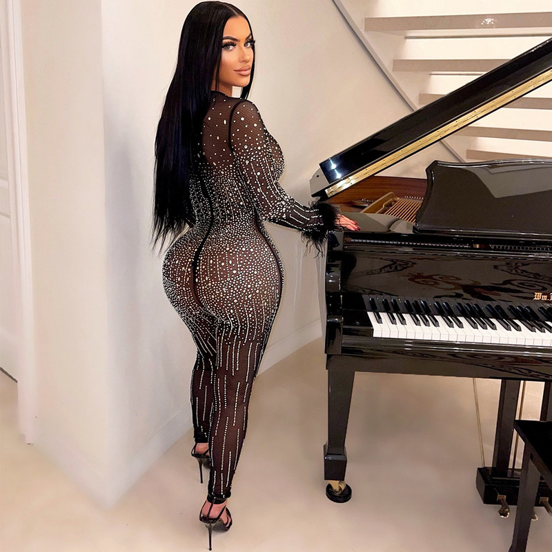 Salopetă BKLD pentru femei, primăvară 2023, noua ținută de club de noapte, perspectivă sexy, diamante, pene, cu mânecă lungă, bodycon, neagră