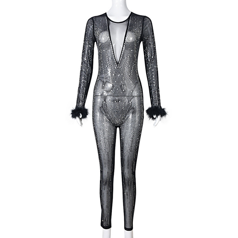Salopetă BKLD pentru femei, primăvară 2023, noua ținută de club de noapte, perspectivă sexy, diamante, pene, cu mânecă lungă, bodycon, neagră