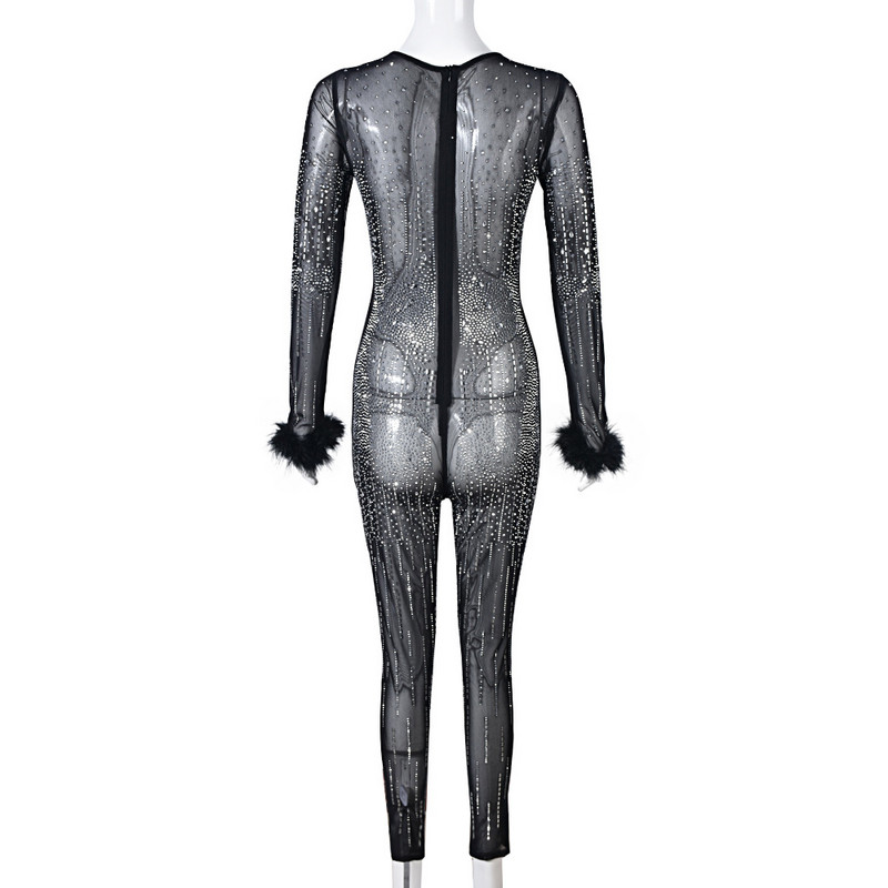 Salopetă BKLD pentru femei, primăvară 2023, noua ținută de club de noapte, perspectivă sexy, diamante, pene, cu mânecă lungă, bodycon, neagră