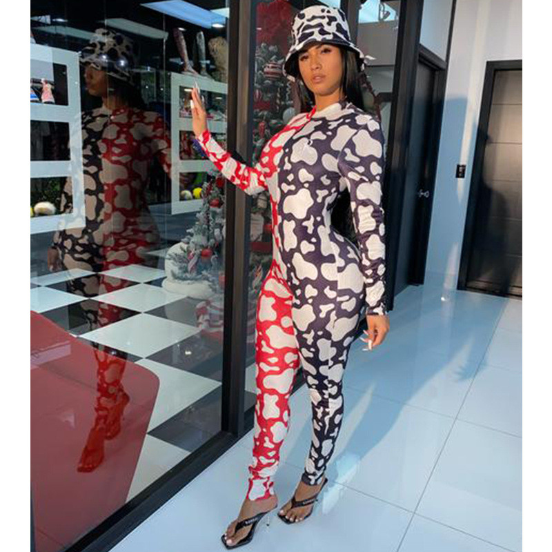 BKLD, toamnă 2023, salopetă pentru femei, cu imprimeu de vacă, cu mânecă lungă, cu mânecă lungă, pentru femei, ținute dintr-o bucată, salopete pentru club