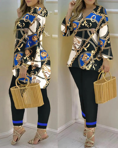 Jarné a letné nové dámske obleky, módne sexy nohavice s dlhým rukávom a výstrihom do V, ležérne dámske obleky, dvojdielna súprava