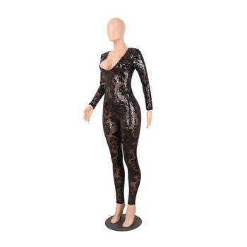 BKLD Women Sequins Jumpsuit Romper Elegant 2023 New See Through Romper Μακρυμάνικο Bodycon Σέξι Mesh Glitter Club Jumpsuits