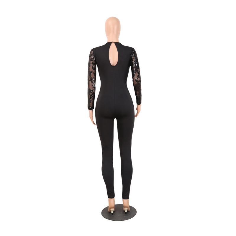 BKLD Salopetă cu paiete pentru femei, salopetă elegantă 2023, noua salopetă transparentă, cu mânecă lungă, bodycon, sexy din plasă, cu sclipici pentru club