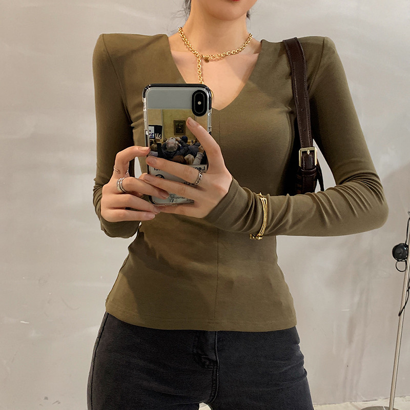 Ležerna pamučna majica dugih rukava s V izrezom Ženska modna proljetna jesen Jastučići za ramena Uski ženski gornji dijelovi Ženske osnovne elastične majice