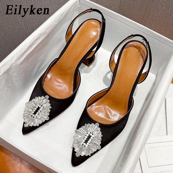 Eilyken Νέα σέξι σατέν μύτη με κρύσταλλο διαμάντι γυναικεία παπούτσια Pump Fashion Slip On Wedding Party Καλοκαιρινά σανδάλια