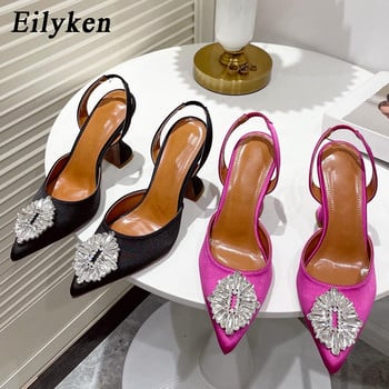 Eilyken Нови секси сатенени дамски обувки с остри пръсти с кристален диамант, модни летни сандали с приплъзване на сватбено тържество