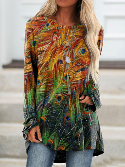 Dámske tričko s potlačou pávieho peria, dámske módne tričká s dlhým rukávom, tričká s estetickým vzorom, dámske oblečenie, veľkosť S-5XL