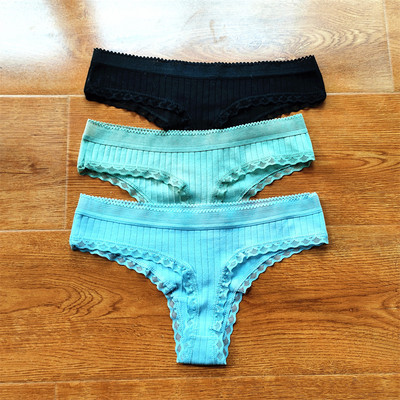 3 buc Volane dantela talie joasa tanga din bumbac cu nervuri de culoare solida lenjerie de corp pentru femei, fara sudura, tanga pentru fete