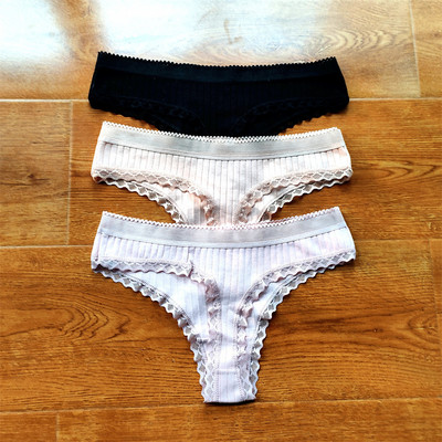3 buc Volane dantela talie joasa tanga din bumbac cu nervuri de culoare solida lenjerie de corp pentru femei, fara sudura, tanga pentru fete